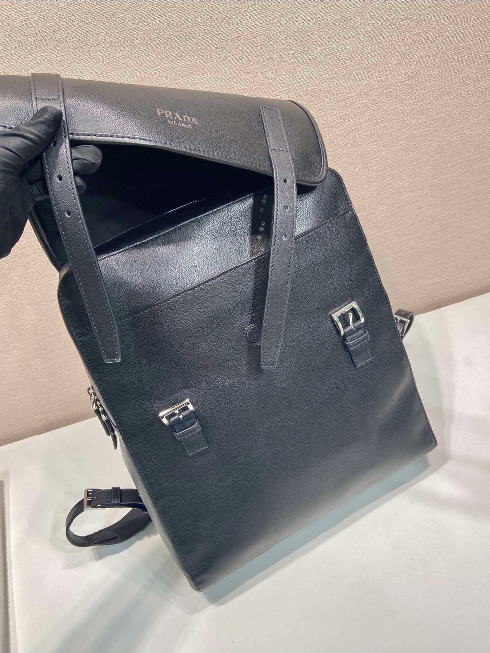 Prada Milano Black Leather Flap Backpack